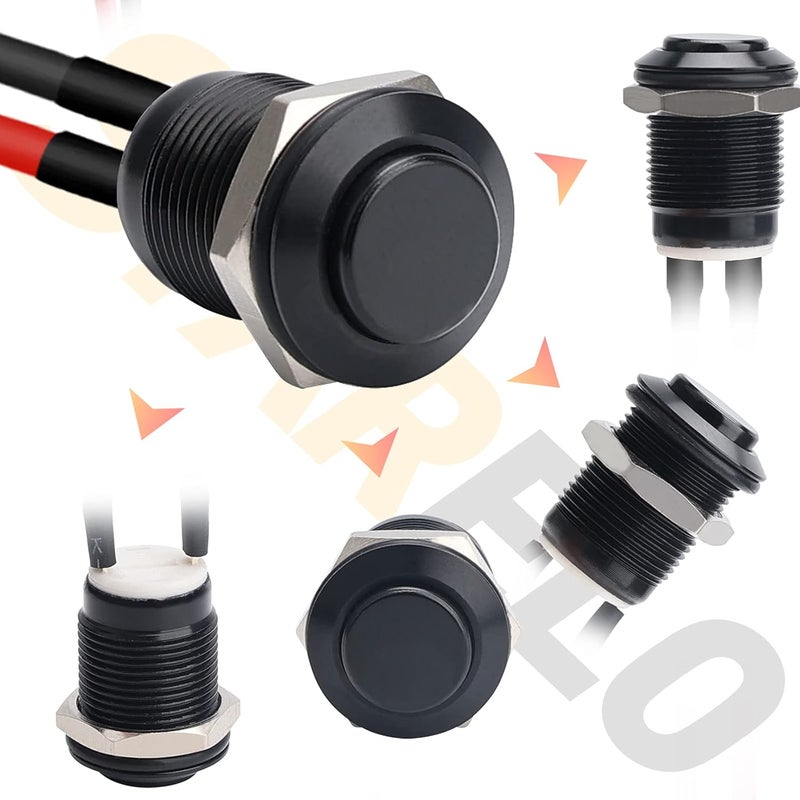STARELO 5pcs 12mm Momentary Push Button Switch Black Shell with pre-Wiring, IP65 Waterproof Push Button Switch,Aluminum Alloy 1 Normally Open Without LED. - Image 2